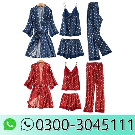 Women 4 Pieces Dot Print Sleepwear Night Gown Pajamas In Pakistan